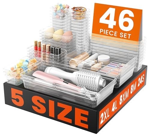 46PCS Clear Drawer Organizer Set – 5 Sizes, Makeup & Bathroom Storage Bins, Offi
