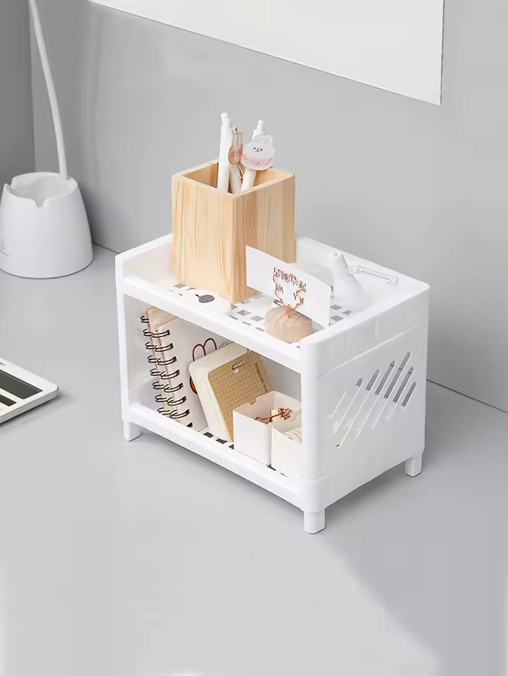 1pc Double-layer Desktop Storage Rack White Pp Organizer for Office & Cosmetics