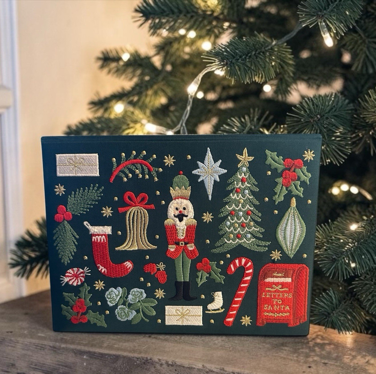 Rifle Paper Co. Embroidered Holiday Christmas Green Keepsake Card Box Santa