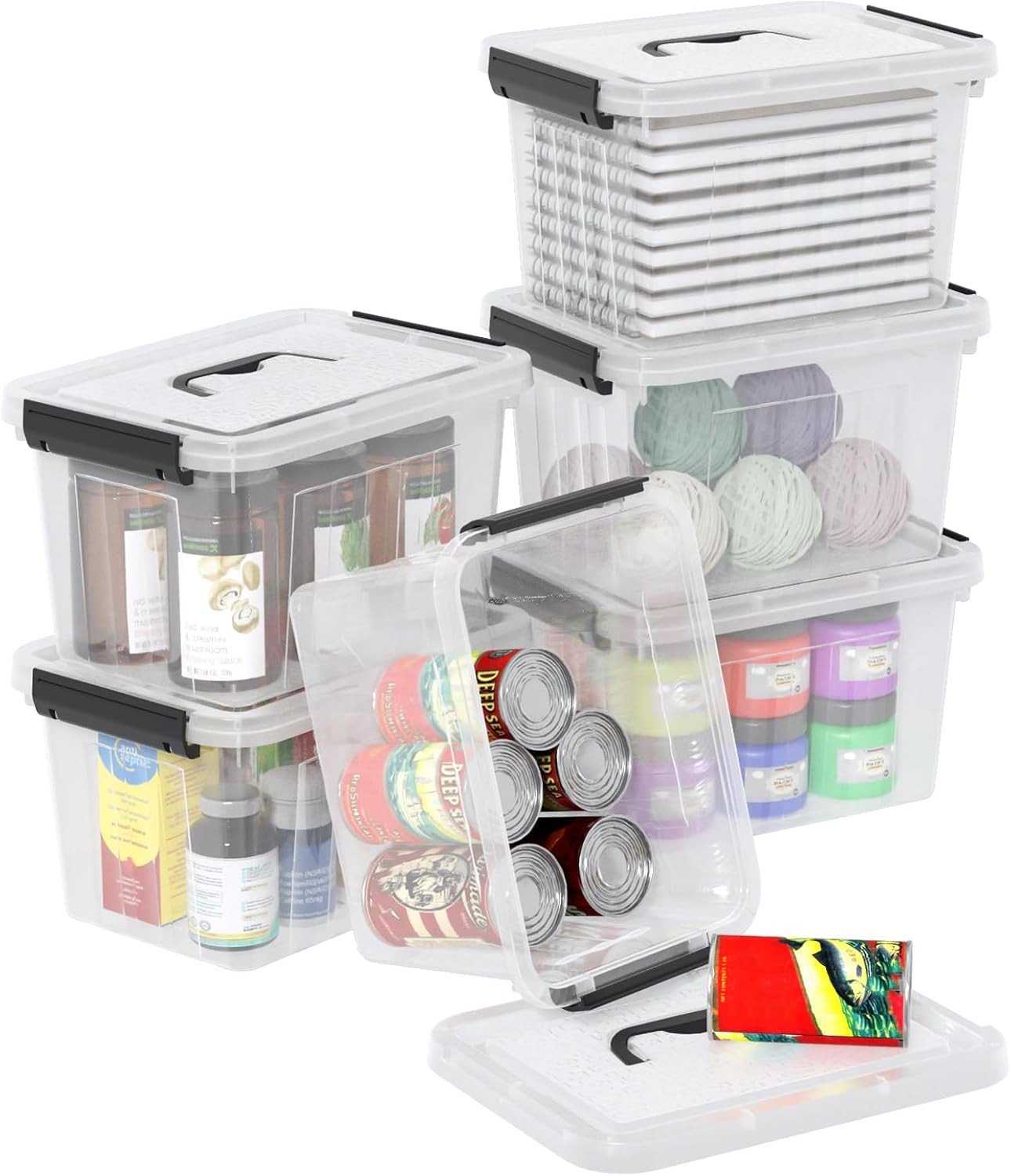 6 Pack 6 Quart Clear Latching Storage Bins with Handles and Lids