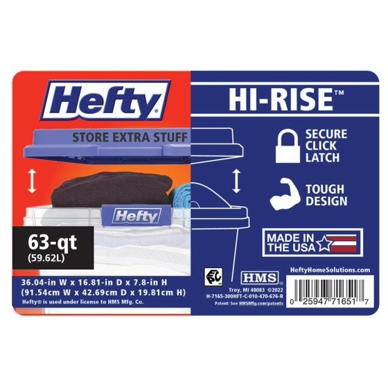 Hefty HI-RISE 63 Quart Large Latching Storage Bin, Clear Plastic Storage Contain