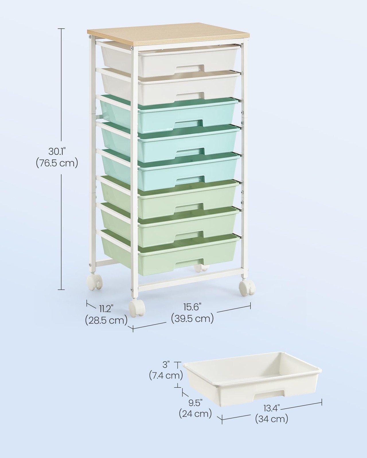 VASAGLE 8-Drawer Rolling Storage Cart, Utility Cart with Wheels and Wood Top,…