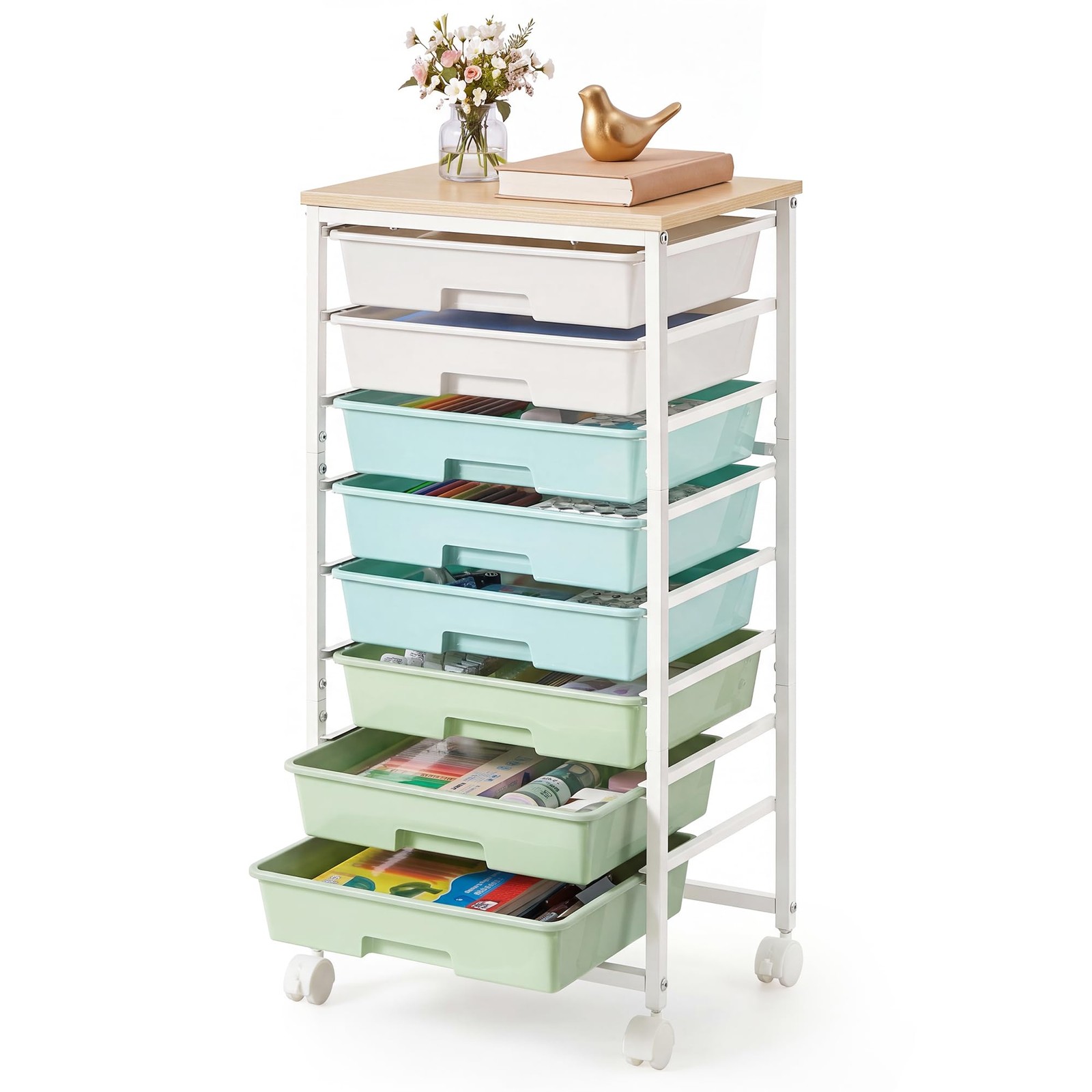 VASAGLE 8-Drawer Rolling Storage Cart, Utility Cart with Wheels and Wood Top,…