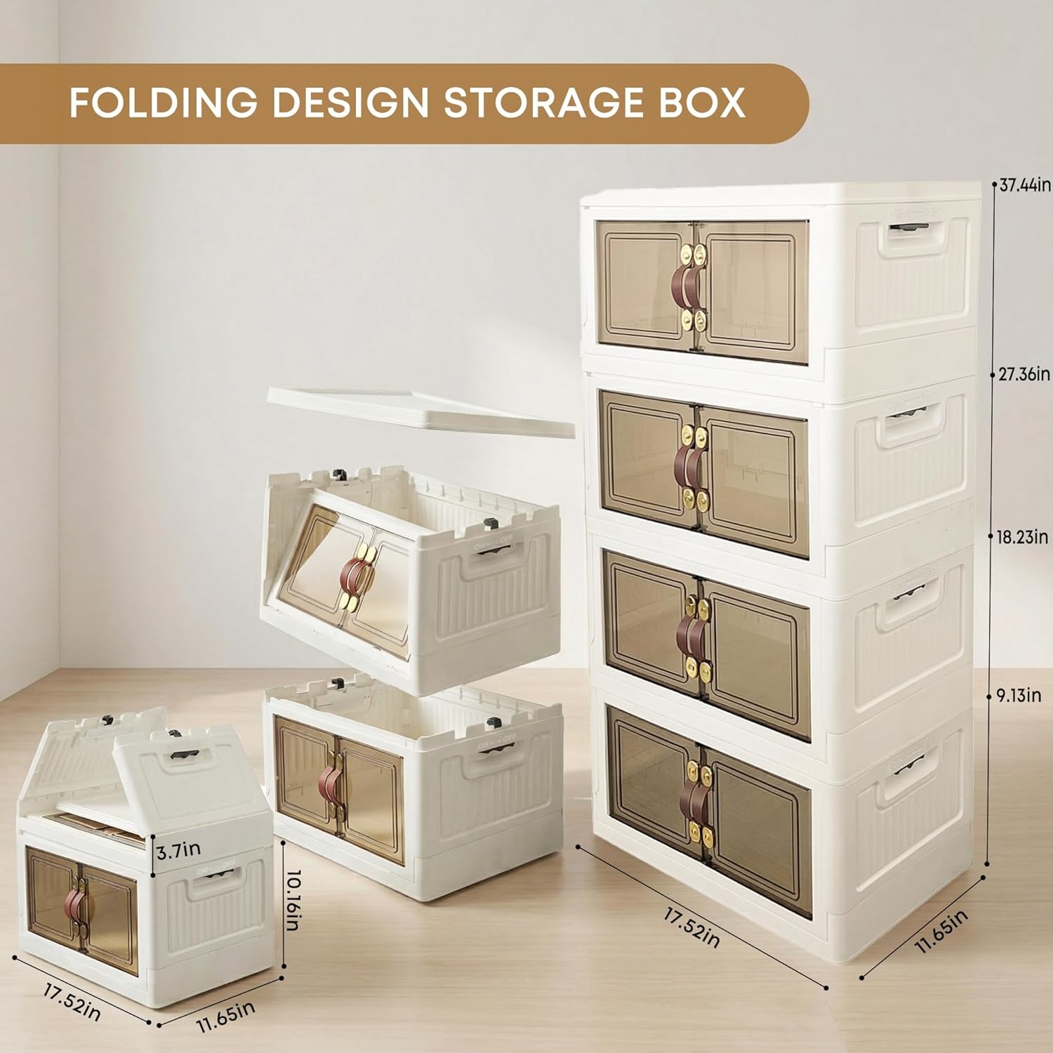 140QT Stackable Plastic Storage Bins W/ Lid & Handles Foldable Collapsible