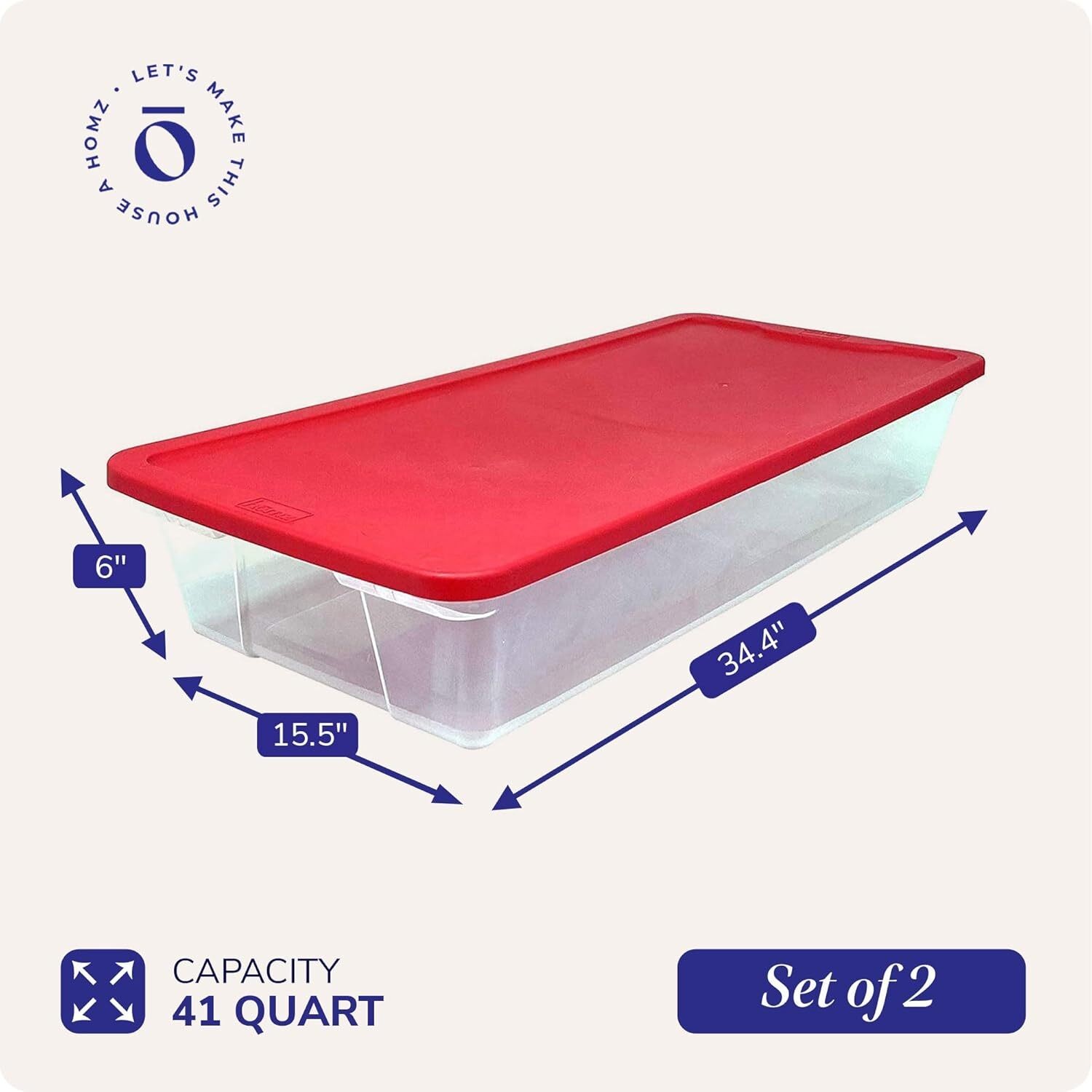 2 Pack Under Bed Storage Container Stackable Bin 41 Qt Clear Plastic Bin W/ Lid