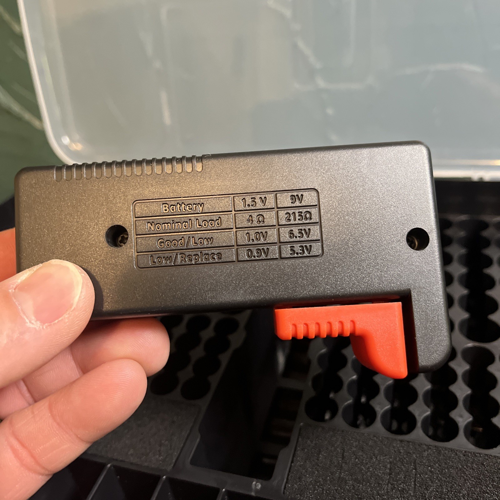Double Sided Plastic Battery Storage Box With Battery Tester.