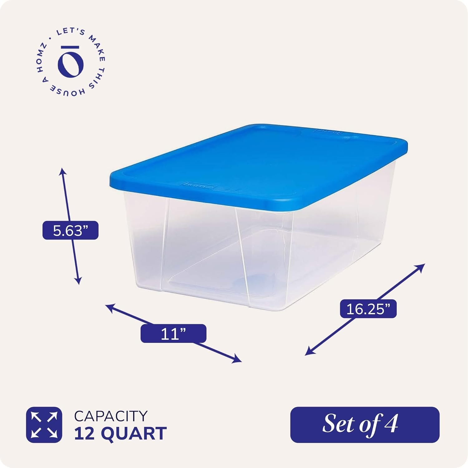 Stackable 12 Quart Transparent Storage Bins with Blue Lids – 4 Pack Organizer