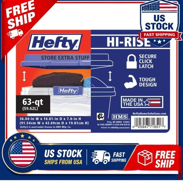 Hefty HI-RISE 63 Quart Large Latching Storage Bin, Clear Plastic Storage Contain
