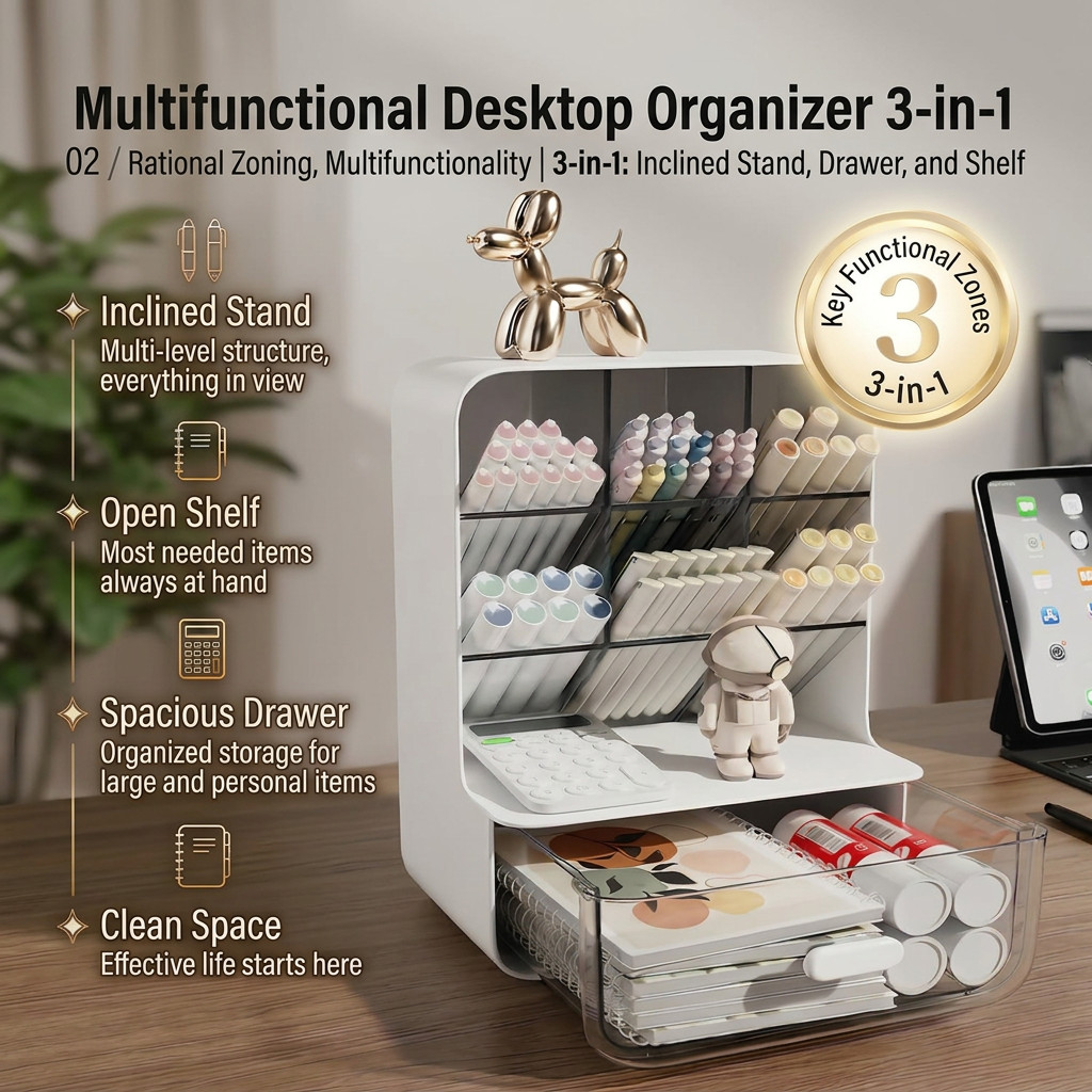 Multi-Compartment Desktop Organizer ABS Plastic for Cosmetics & Office Supplies