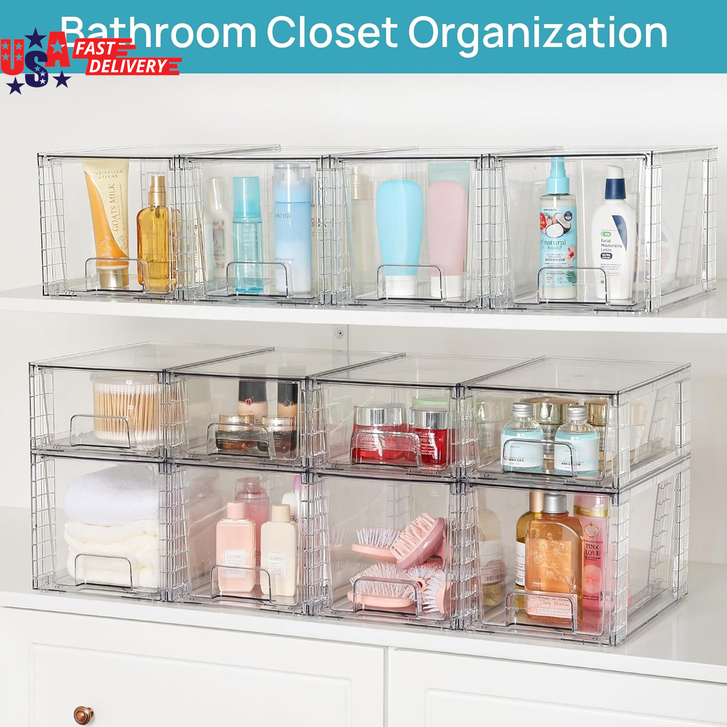 4 Pack Large Stackable Storage Drawers,Easily Assemble Acrylic Bathroom Closet U