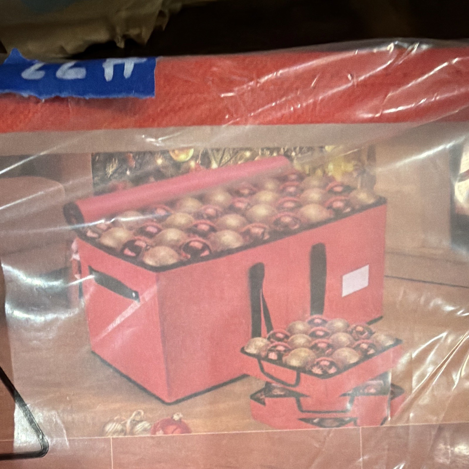 Red Fabric Christmas Ornament Storage Container Box w/ Lid Compartments 21-25&Prime;
