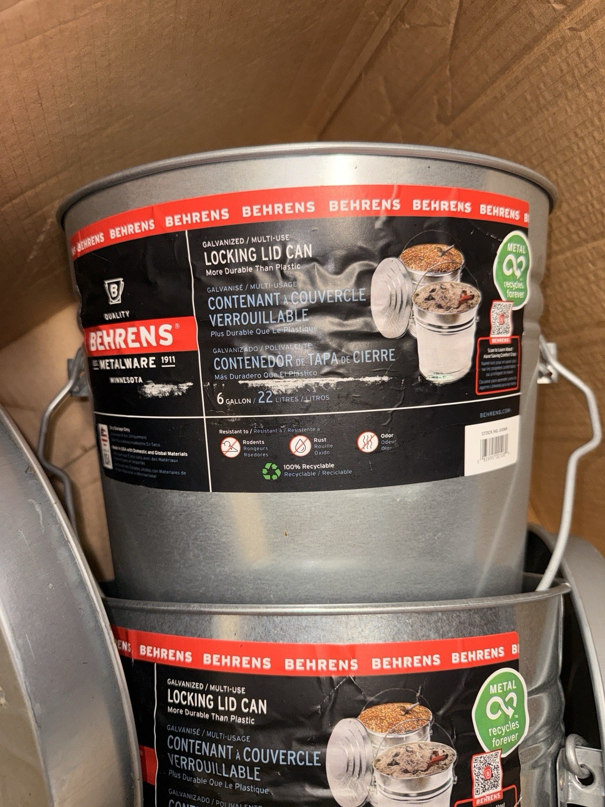 2 Behrens 6 Gallon Galvanized Locking Lid Cans Metal Storage Buckets Used