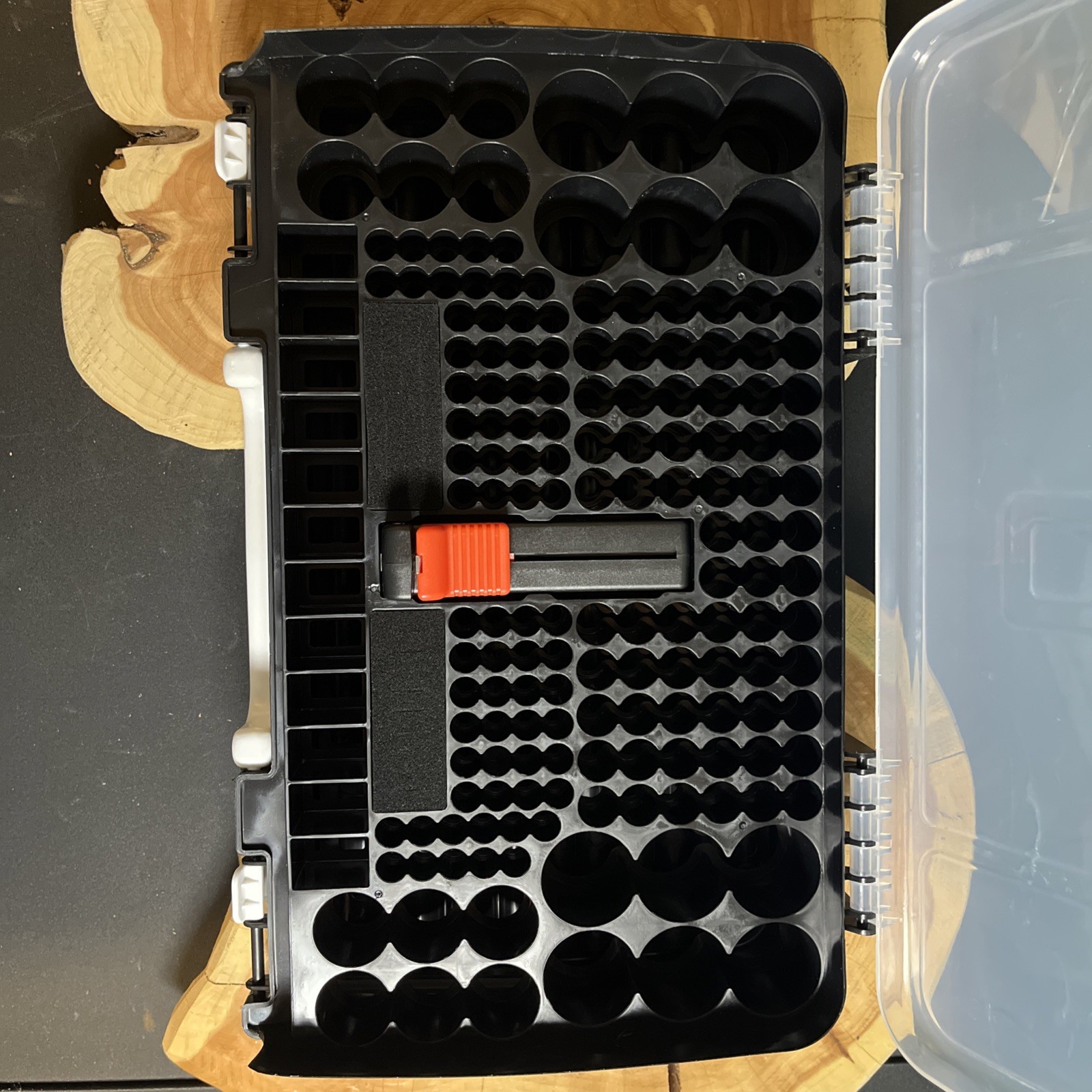 Double Sided Plastic Battery Storage Box With Battery Tester.
