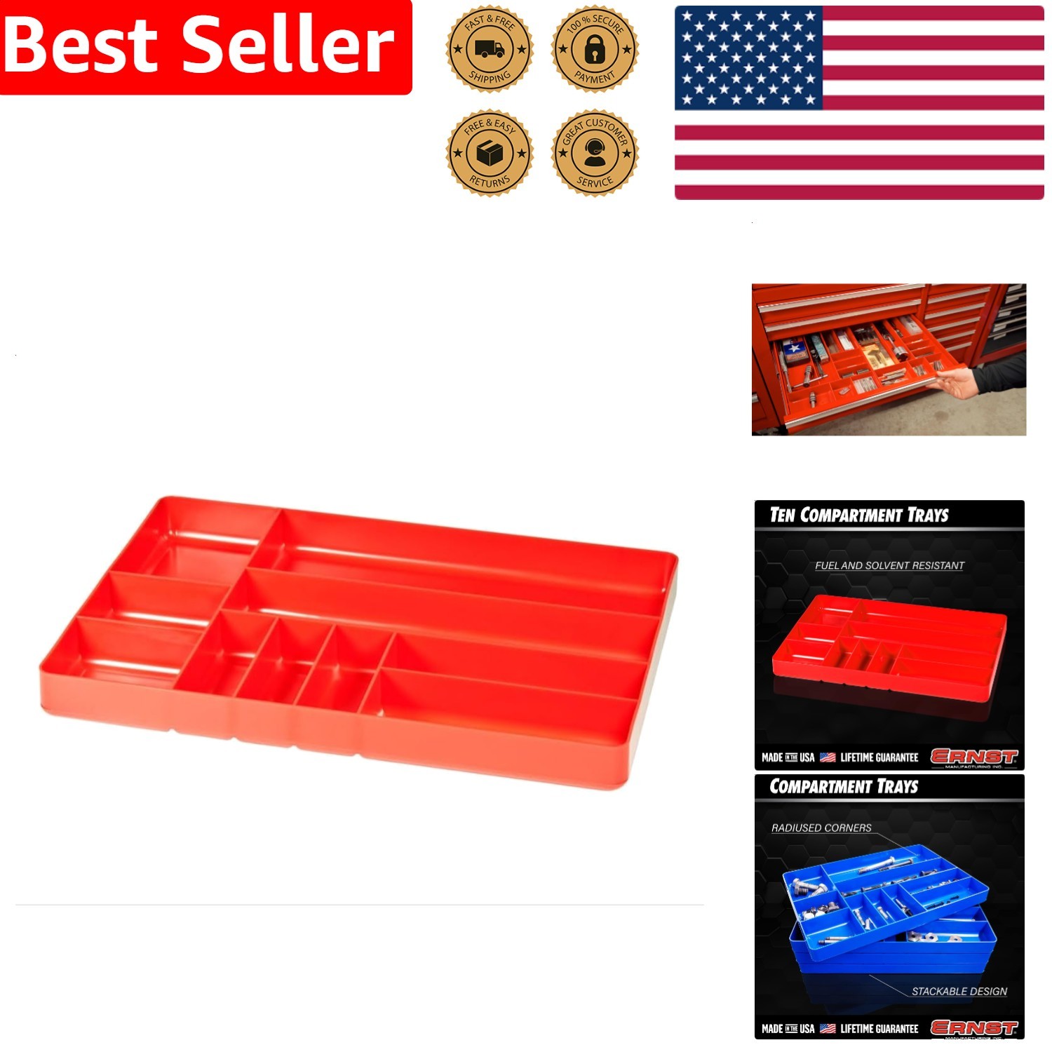 Red 10 Compartment Organizer Durable Low Profile Toolbox Drawer Storage Tray