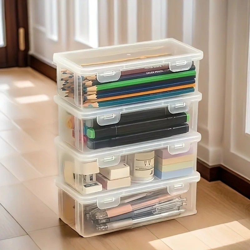 Clear Plastic Storage Box with Hinged Lid for Home Office Jewelry Organizer