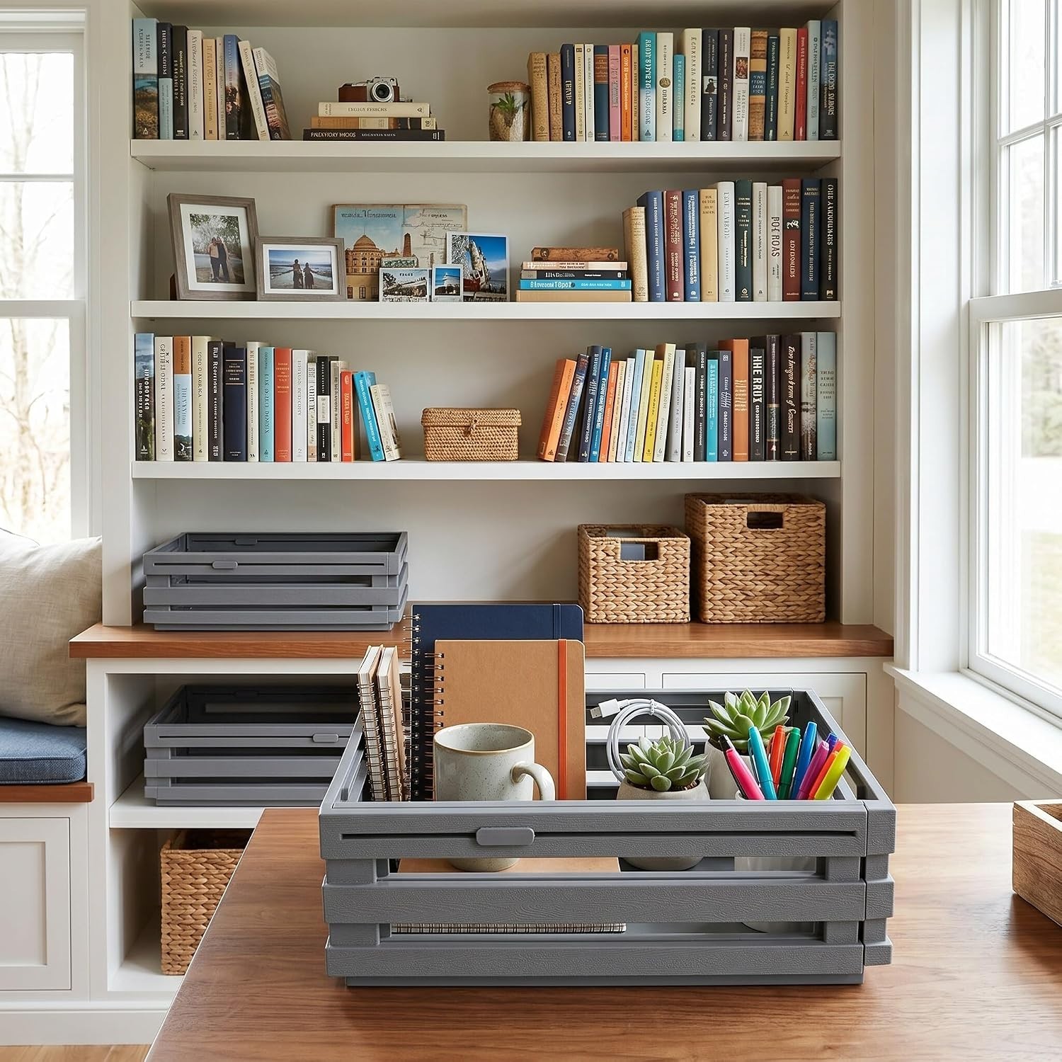 Stackable Storage Box, Gray | PP, Retractable, Organizer Container Bin, Expan…