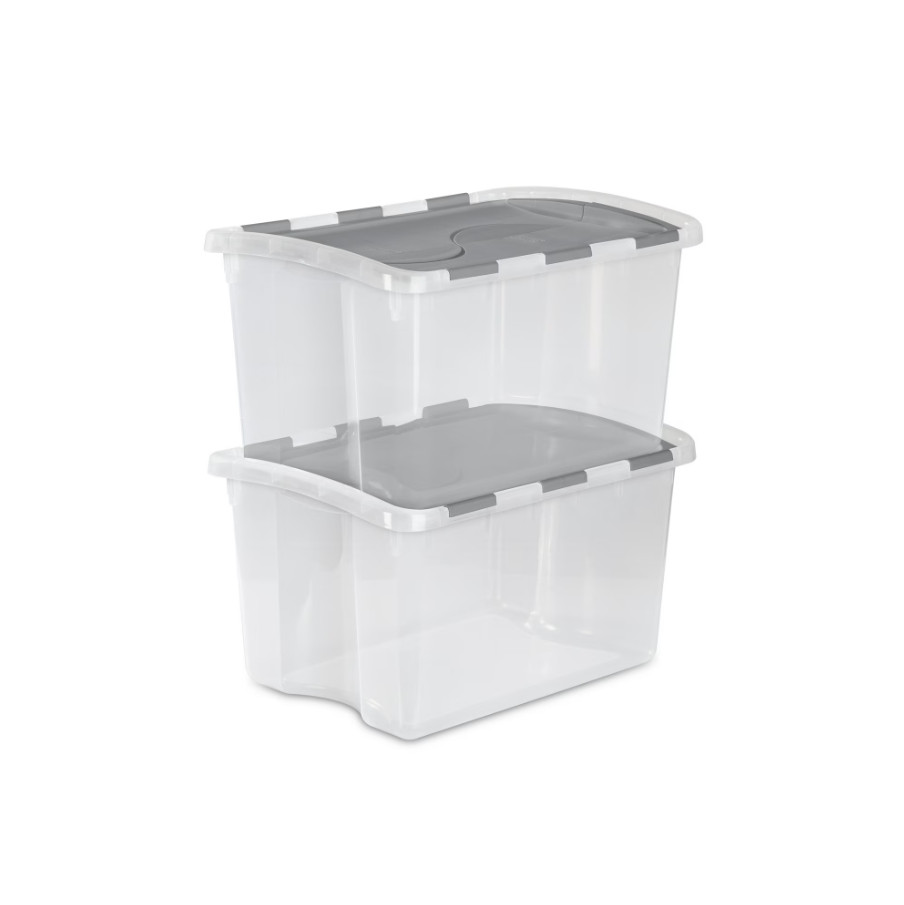 2 Pack 48 Qt Medium Storage Bin Clear Plastic Container Flip Hinge Lid Gray
