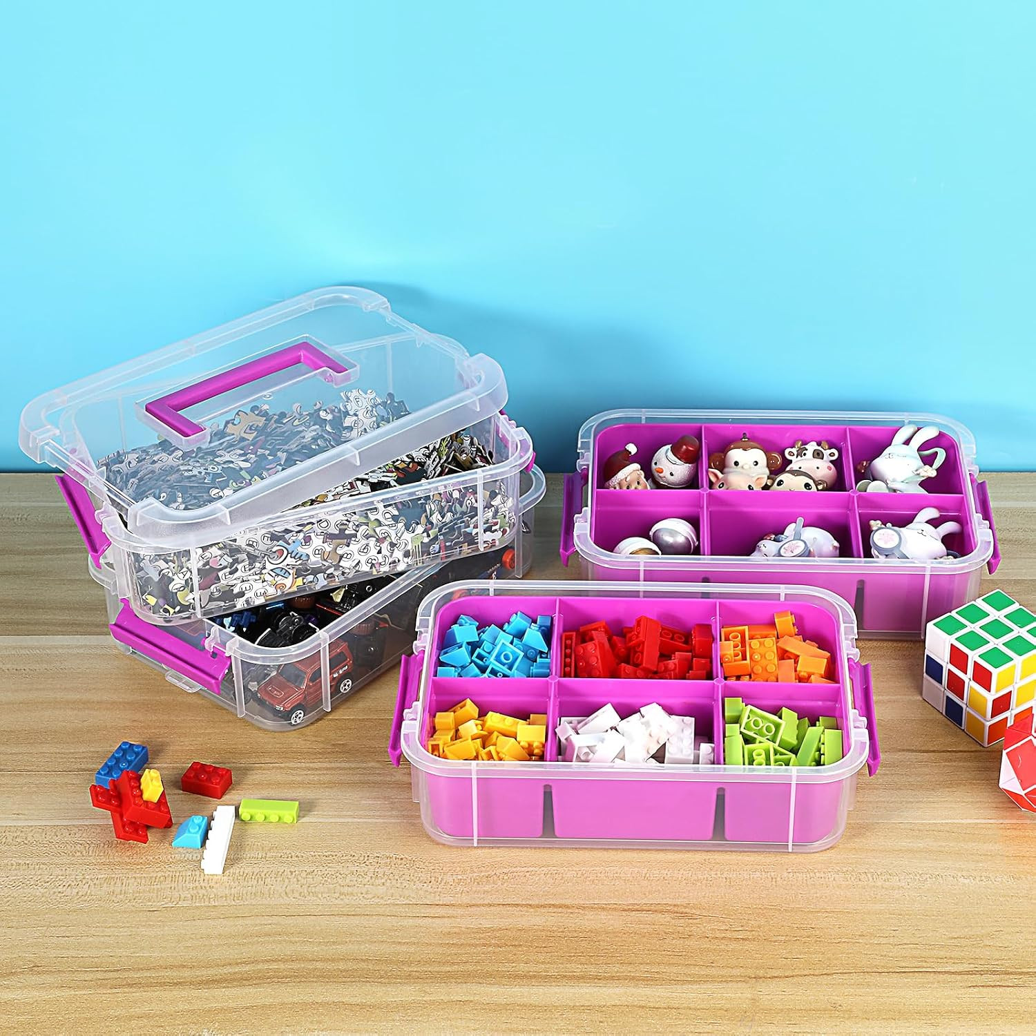 Purple 4-Tier Stackable Storage Box with Divided Tray for Office & School Suppli
