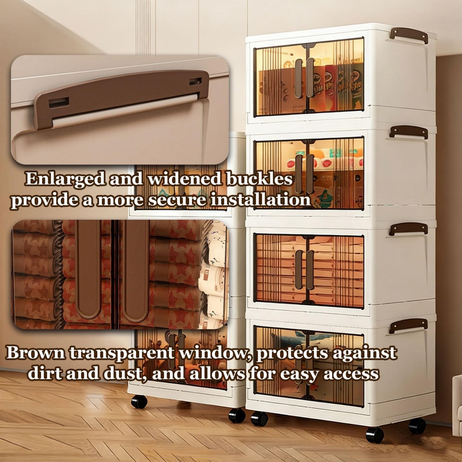 Stackable Storage Cabinet, 28&Prime; H, White, 3-Tier, Doors, Wheels