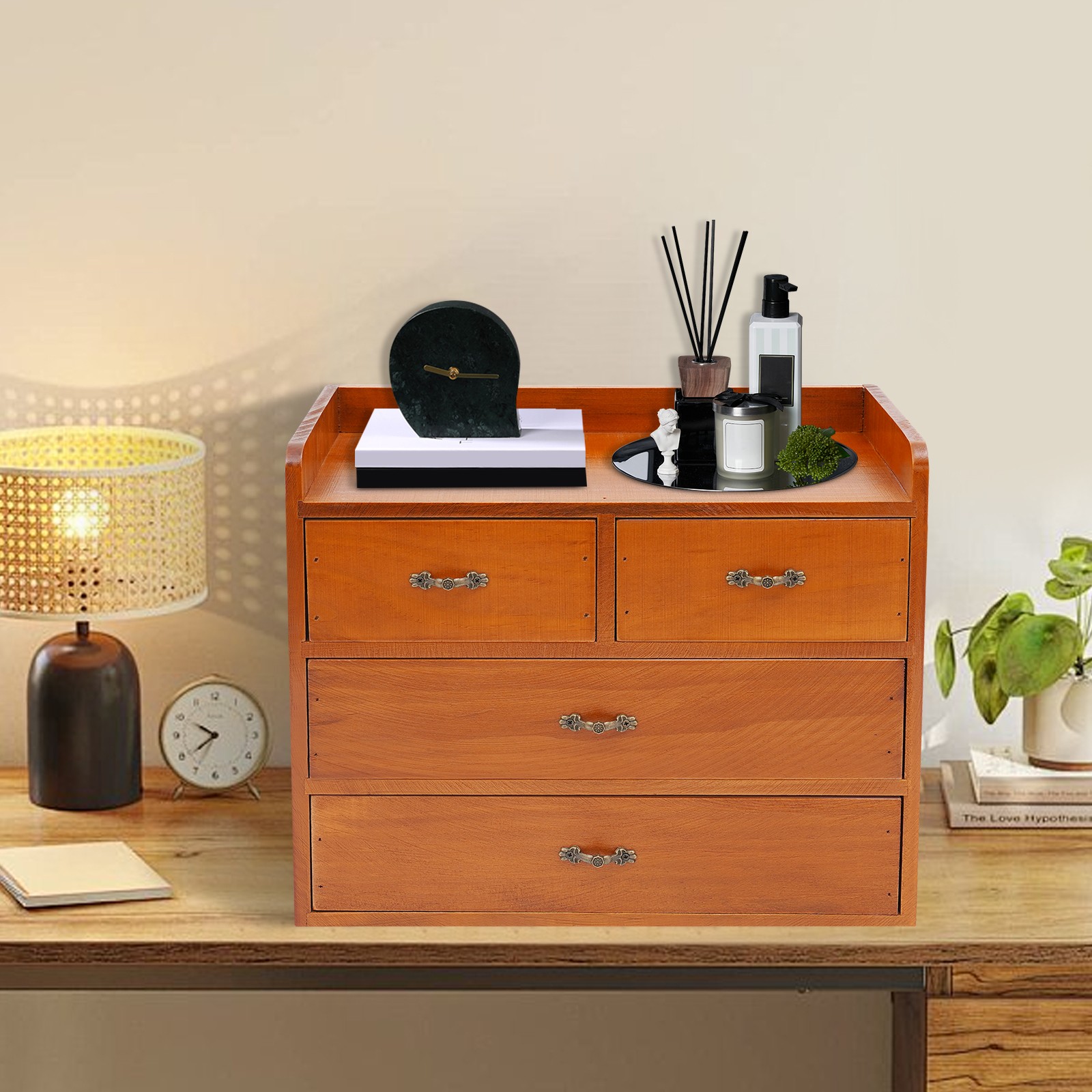 Retro Wooden 4 Drawer Desk Organizer Office Bedroom Tabletop Storage Drawer Box