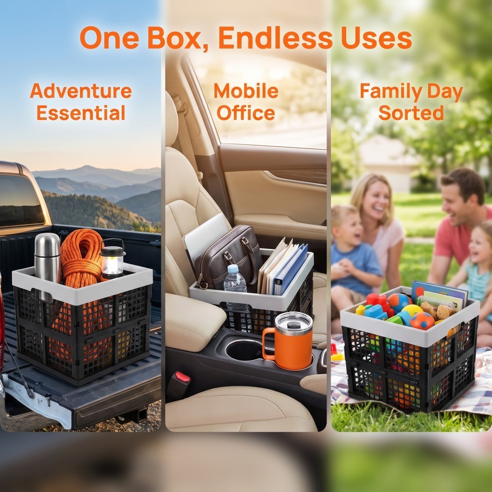 Stackable Foldable Plastic Utility Storage Bin for Auto Camping and Car Trunk