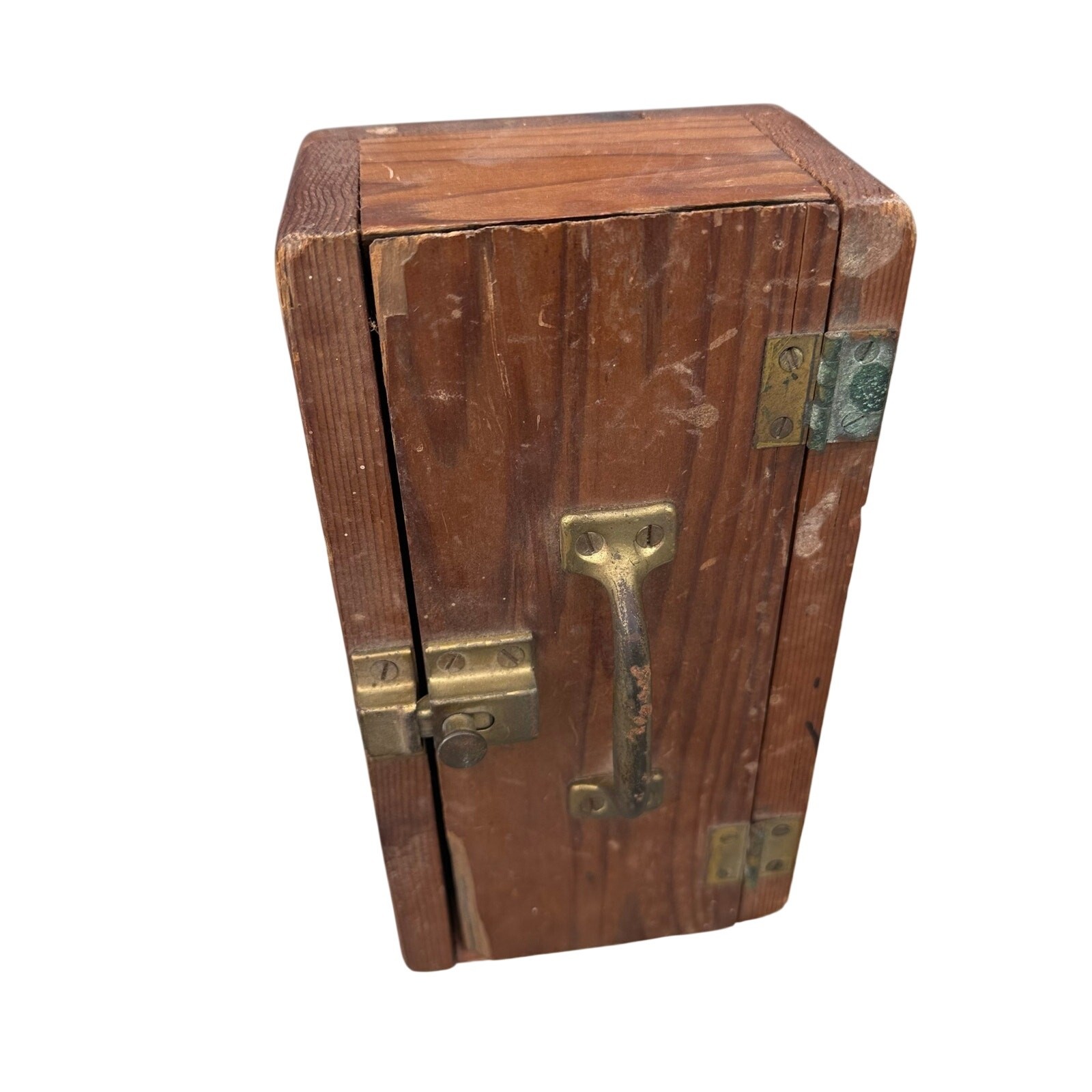 Vintage Hand Made Wood Storage Box w/ Latched Hinged Door Safe Style
