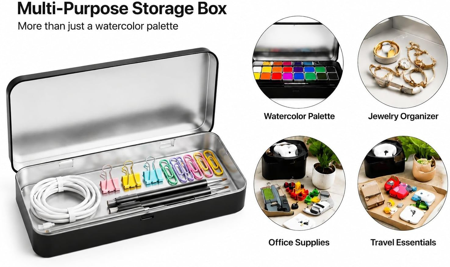 4 Pack Rectangular Tin Box with Hinged Lid,Black Metal Storage Container