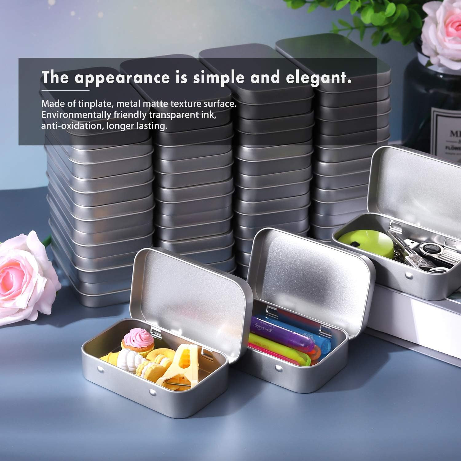 Metal Rectangular Empty Hinged Tins – Pack of 40 Silver Mini Portable Box Small