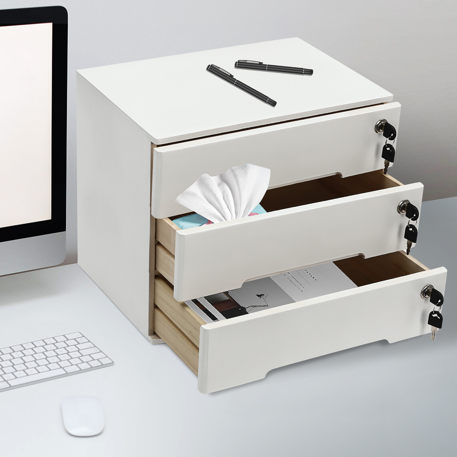Wooden Desktop Storage Box with Lockable Drawers, Office Supplies File Organizer