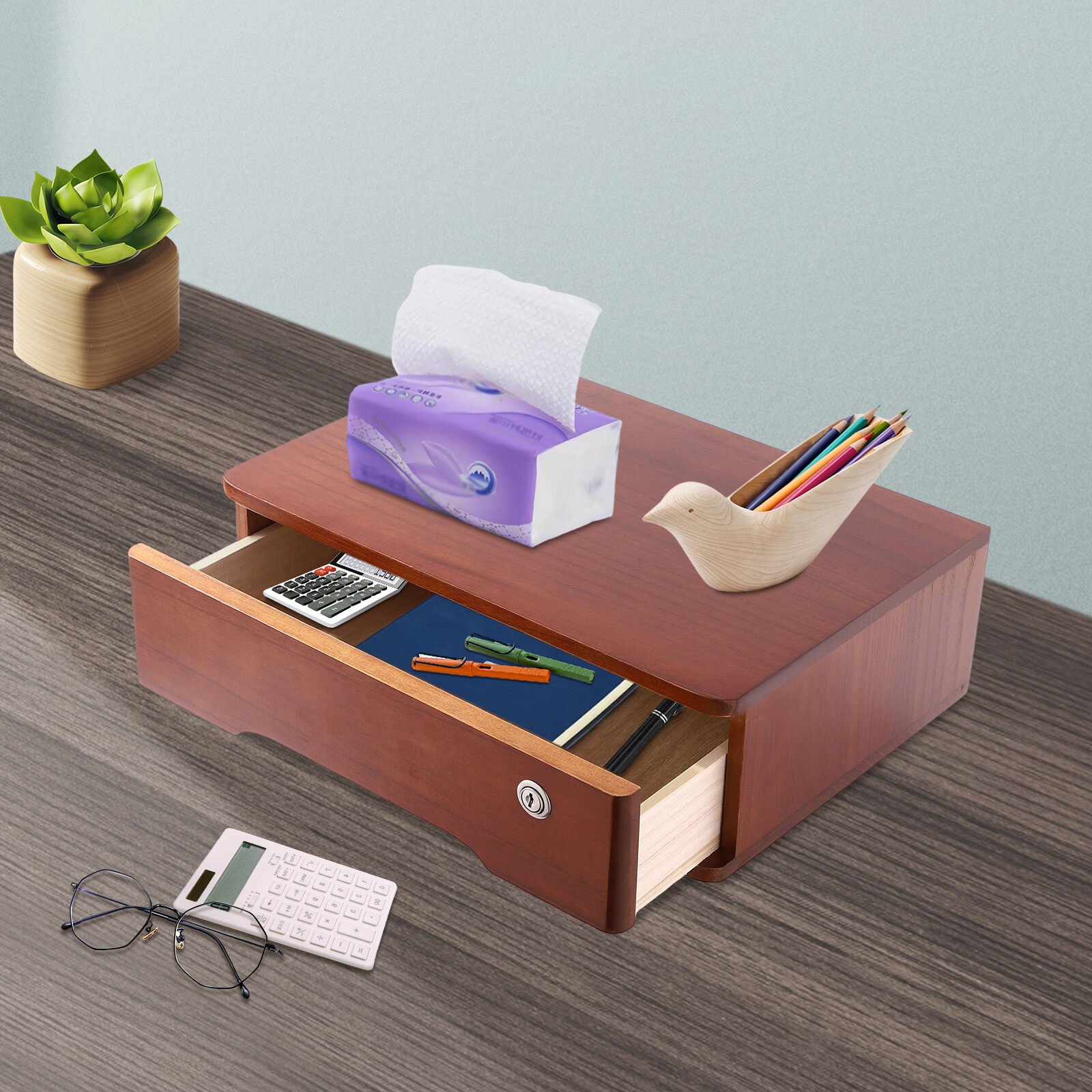 Vintage Wooden Desktop Storage Box with Lock and Spacious Drawer Organizer