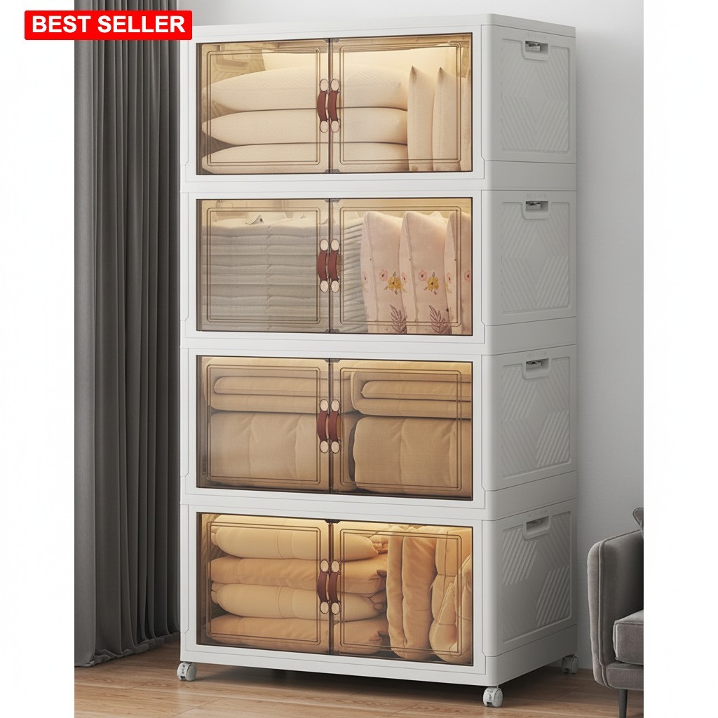 Storage Bins Heavy Duty 720QT Capacity Collapsible Wheeled Lockable Clear Doors