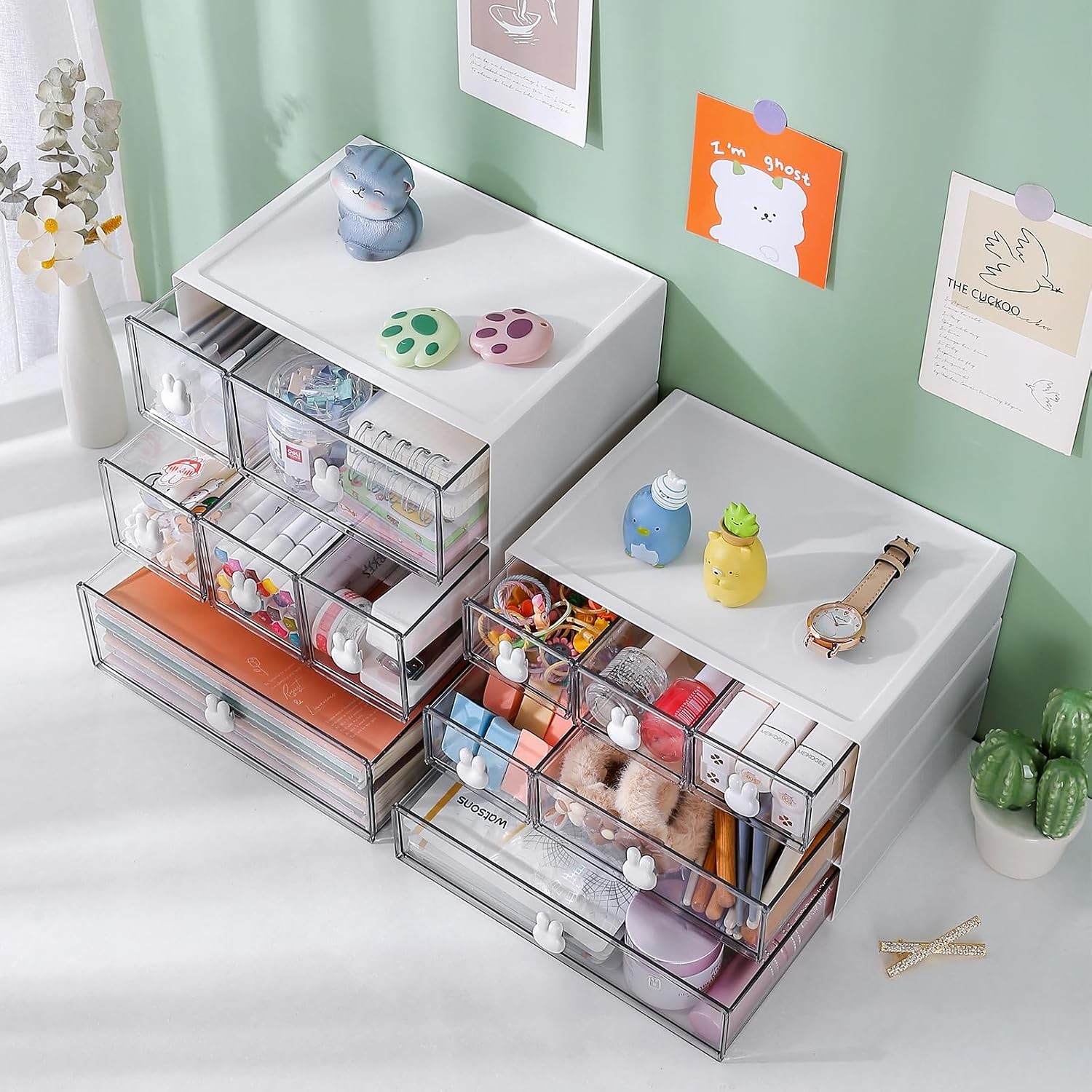 Plastic Desk Organizer with Drawers,Desktop Organizer Drawers Storage,3 Tier