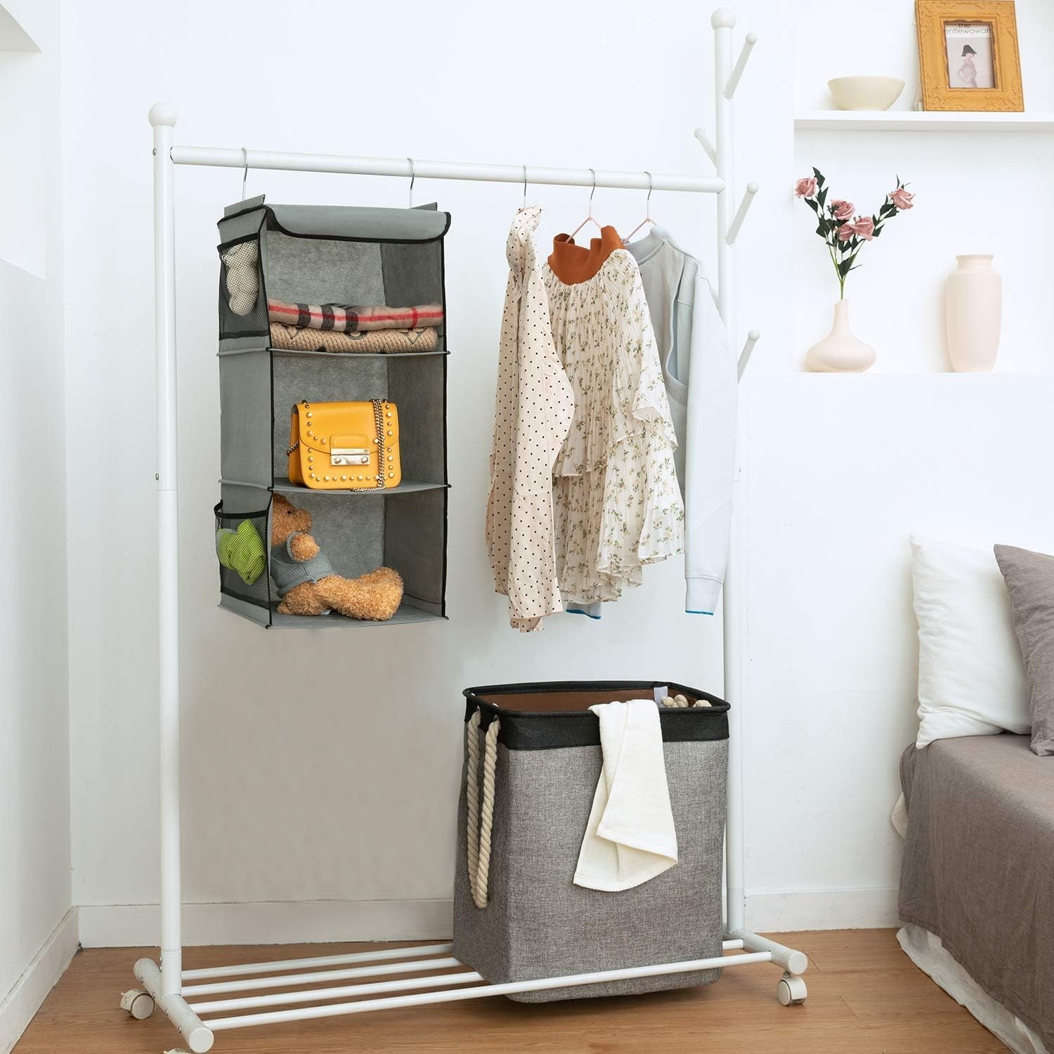 Hanging shelf, grey, 3 compartments, practical wardrobe organizer with…