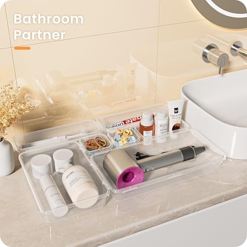 46PCS Clear Drawer Organizer Set – 5 Sizes, Makeup & Bathroom Storage Bins, Offi