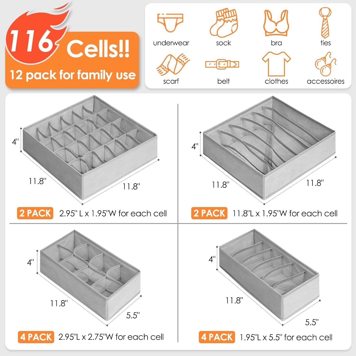 12 Pack Sock Underwear Drawer Organizer Dividers, 116 Cells Fabric Foldable D…