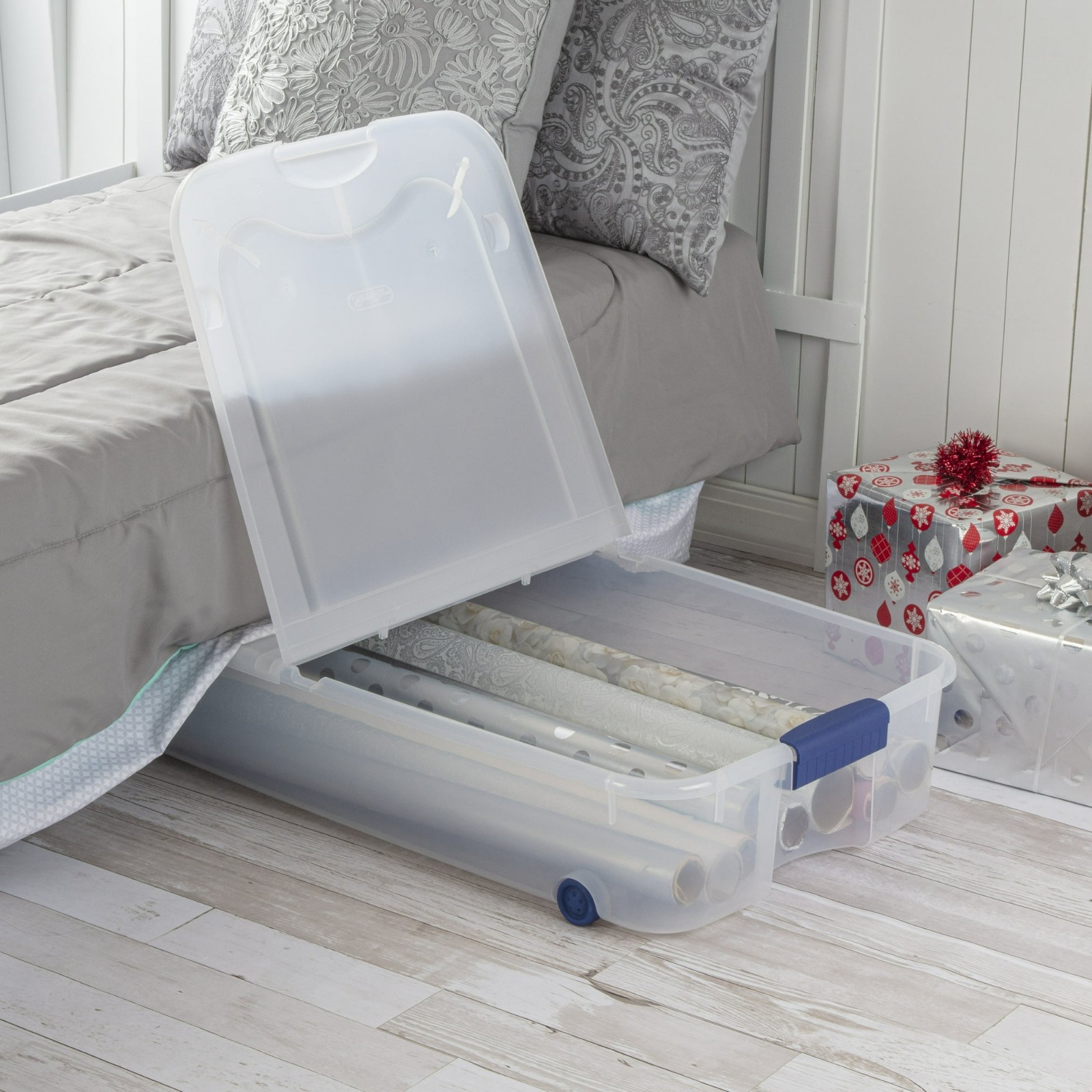4 Pack 66 Quart Wheeled Underbed Storage Bin Clear w Latching Lid