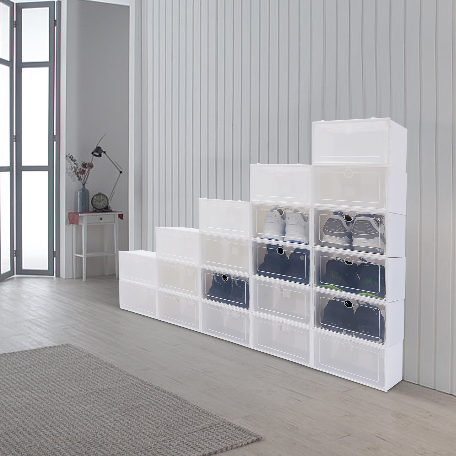 20/24pcs Plastic Shoe Box Kit Foldable Stack Storage Clear Home Organizer Rack