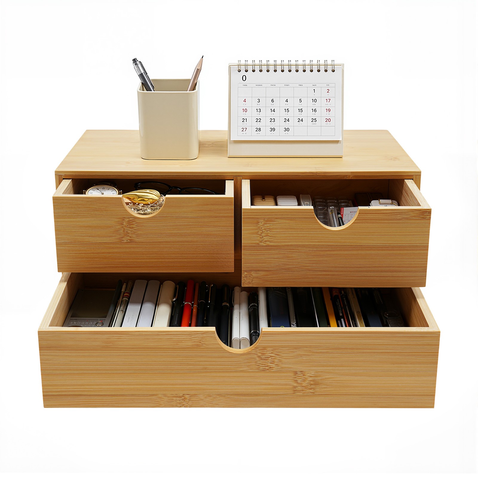 Tabletop Storage Box No Assembly Required Bamboo Desk Organizer with 3 Drawers