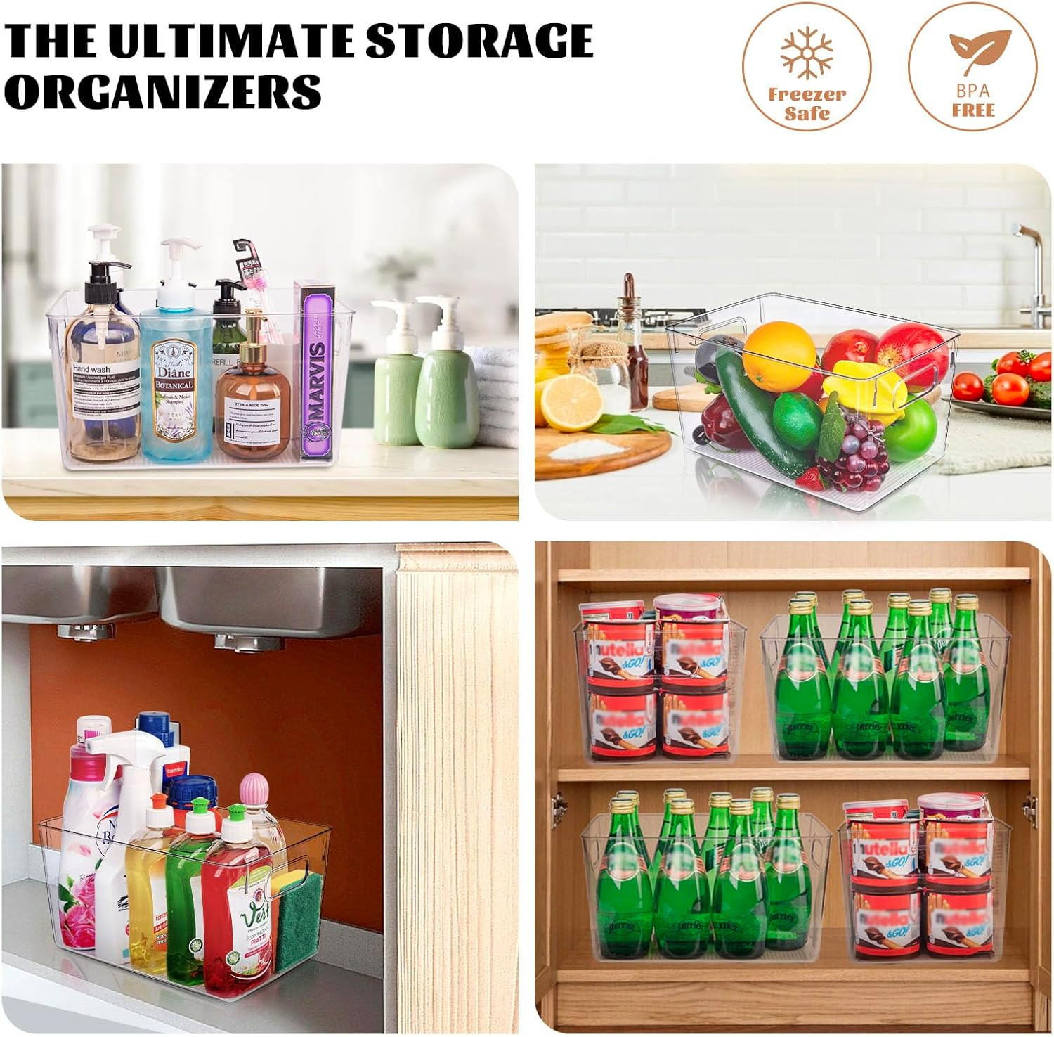 Clear Plastic Storage Bins-8 Pcs Pantry Organizers and Storage Containers with 4