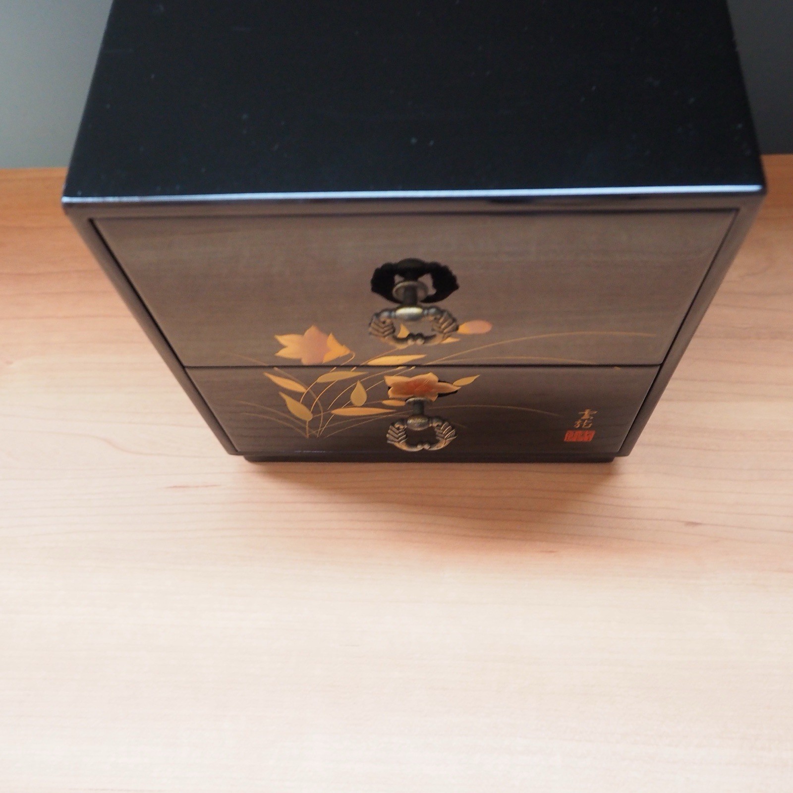 Japanese Shikkou Lacquer Mini Chest Tansu Drawer Gold Flower Floral Jewelry Case