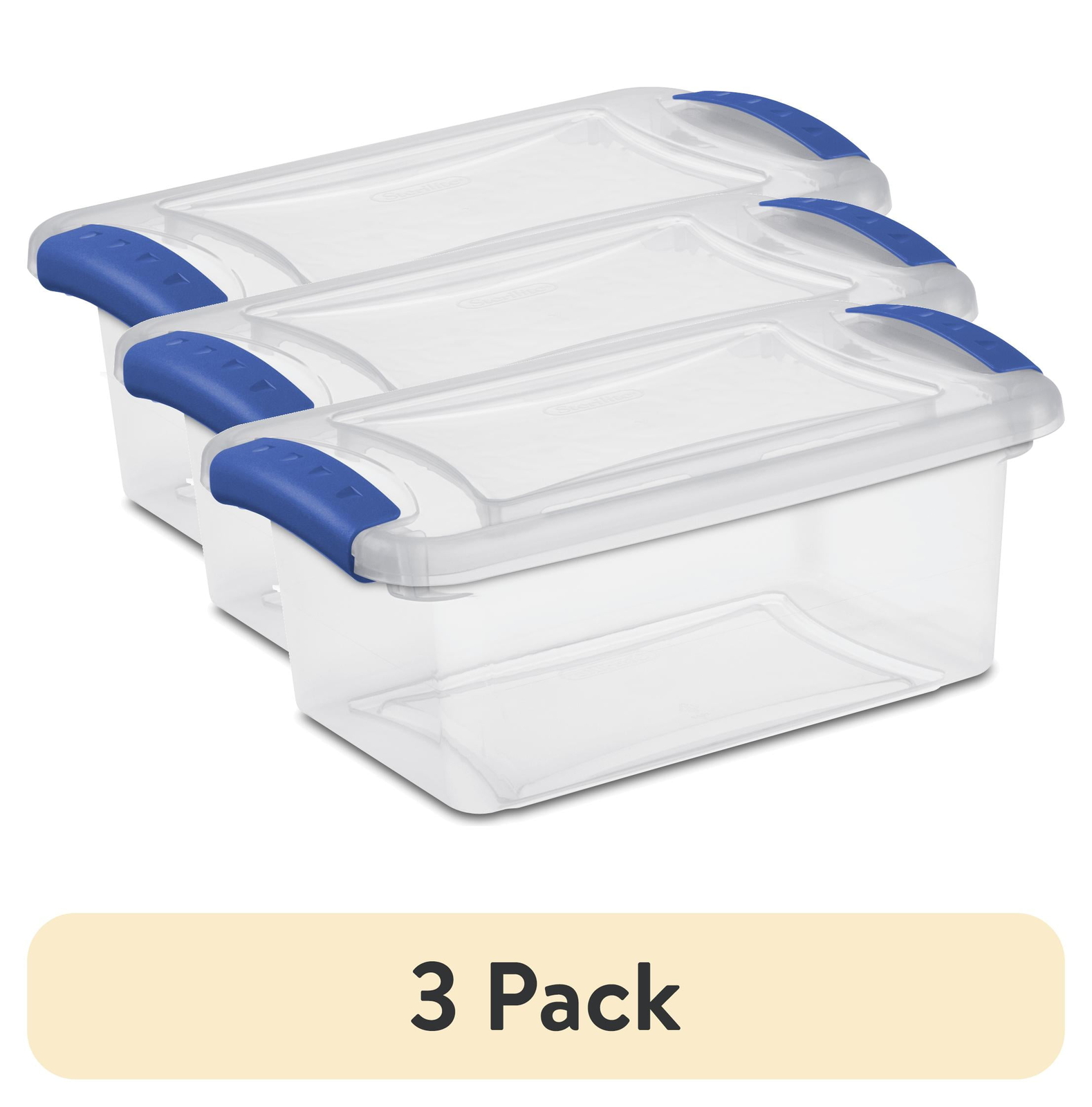 (3 pack) 7 Quart Latch Box, Clear Plastic Storage Bin with Clear Lid, Blue