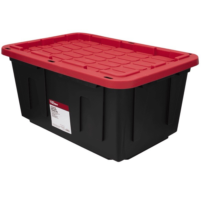 Hyper Tough 27 Gallon Large Storage Bin Snap Lid Black Red Plastic Container