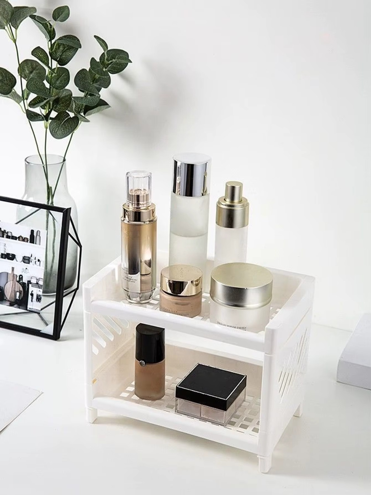 1pc Double-layer Desktop Storage Rack White Pp Organizer for Office & Cosmetics