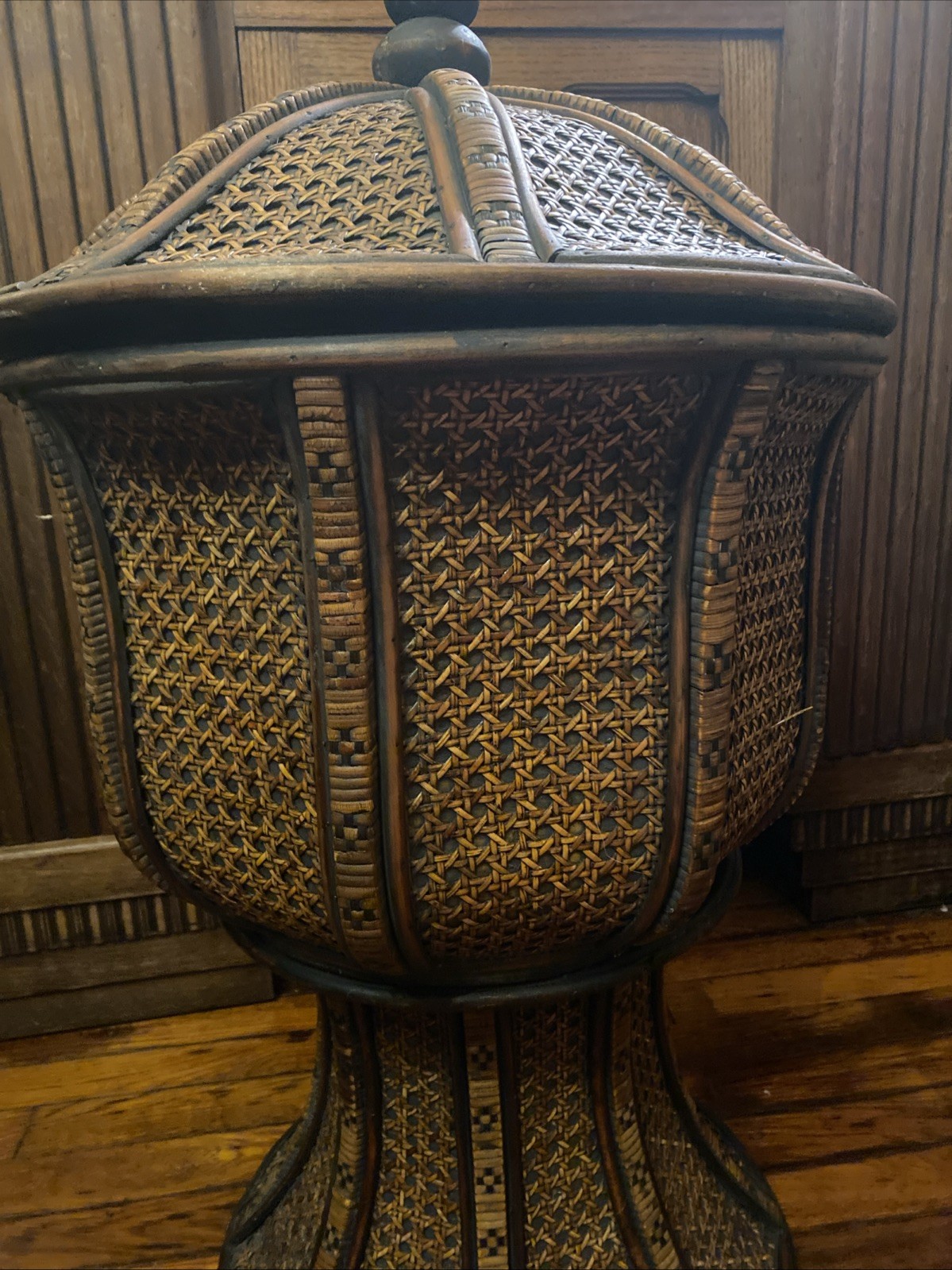 Chinese Tinalik Basket Storage Container Intricate Woven Rattan 31&Prime; T 17&Prime; D