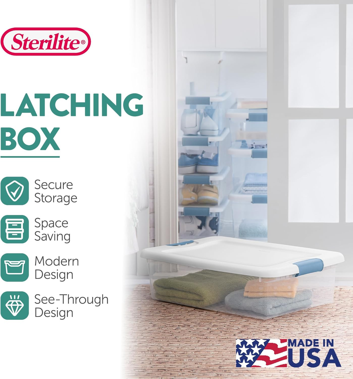Latching Box with Lids for Home and Office, 32 Quart, 6-Pack | Heavy-Duty and St