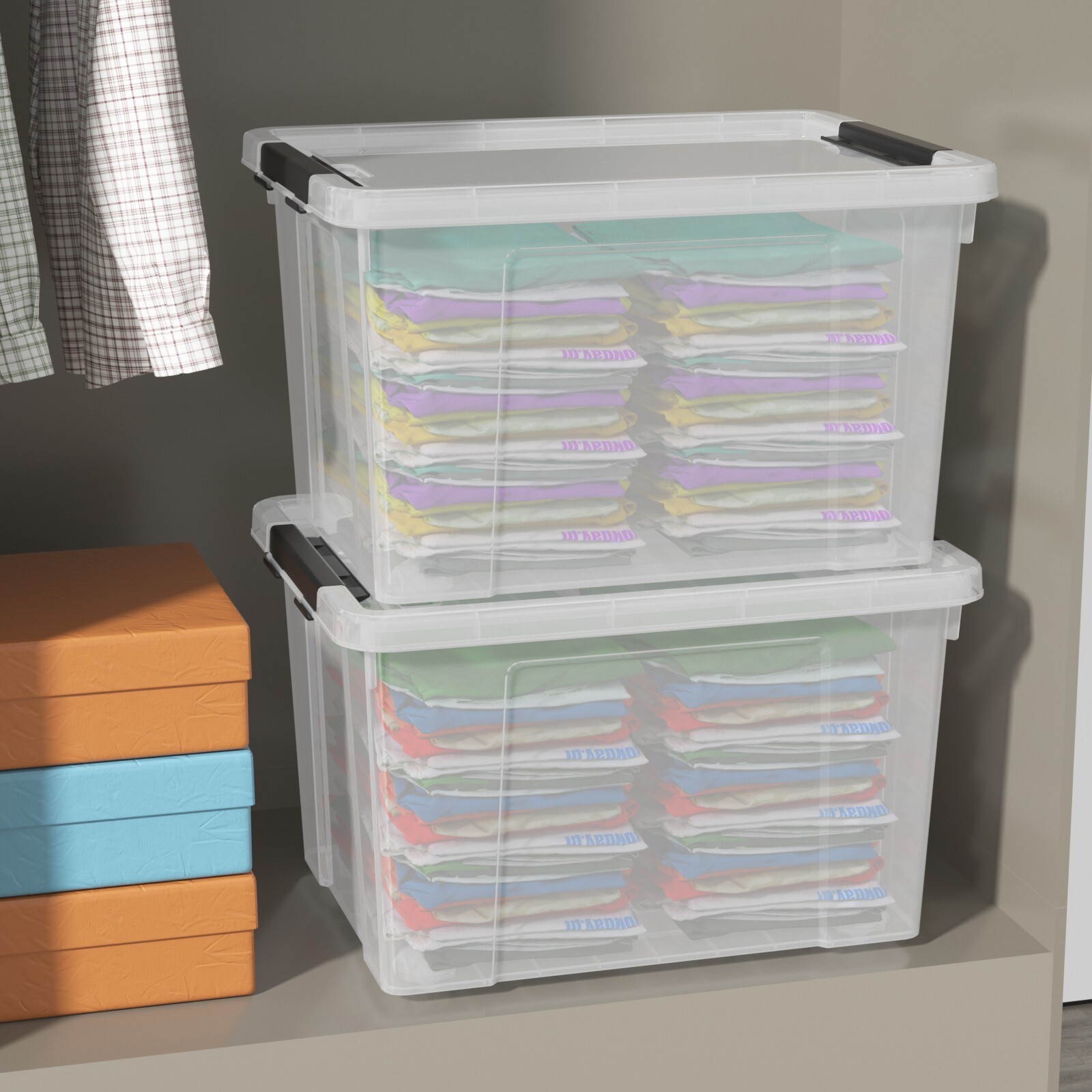 32 Quart Large Plastic Stackable Storage Box with Latching Lids & Wheel, 4-Packs