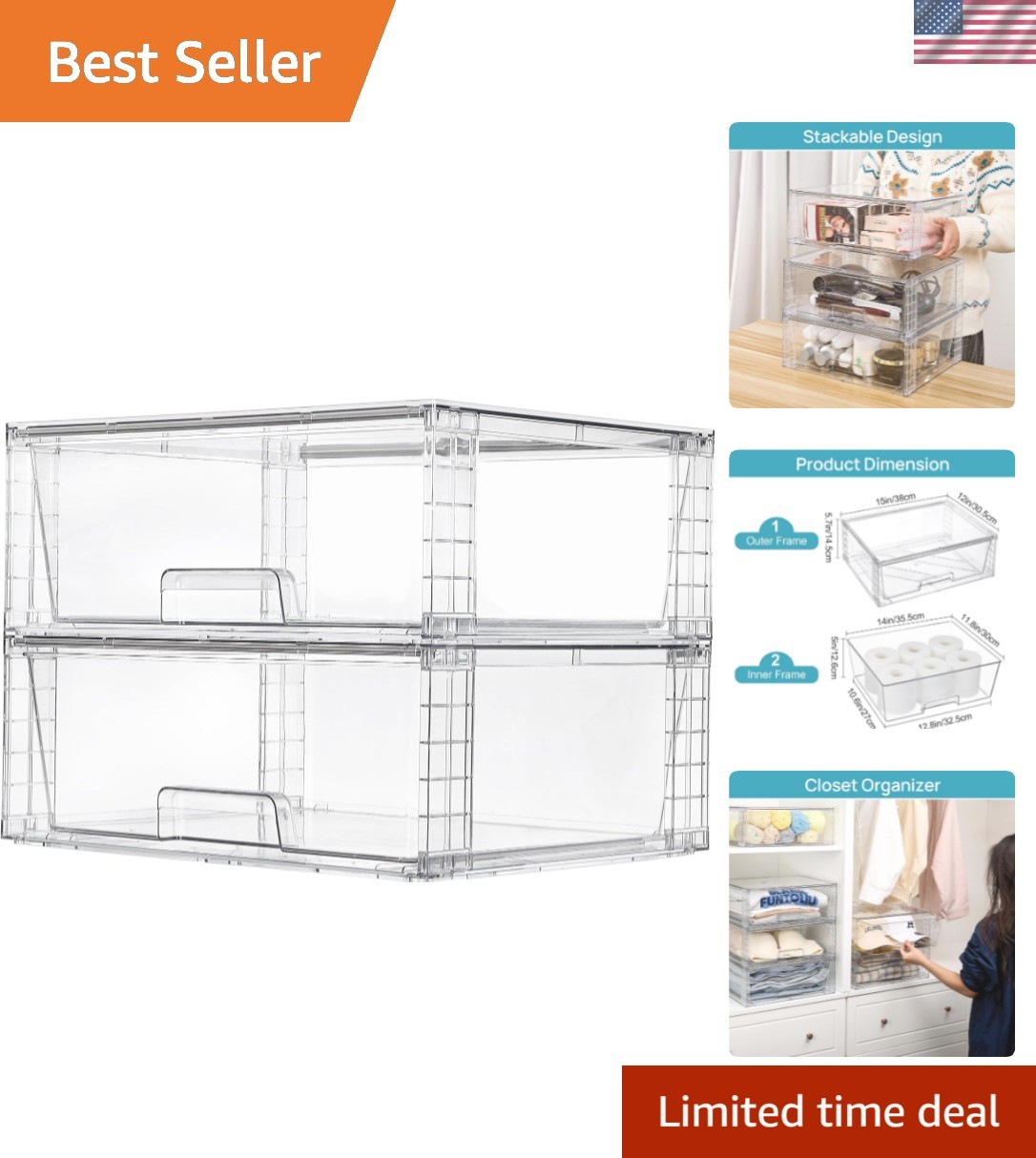 2 Pack Large Stackable Storage Drawers,Easily Assemble Clear Acrylic Bathroom…