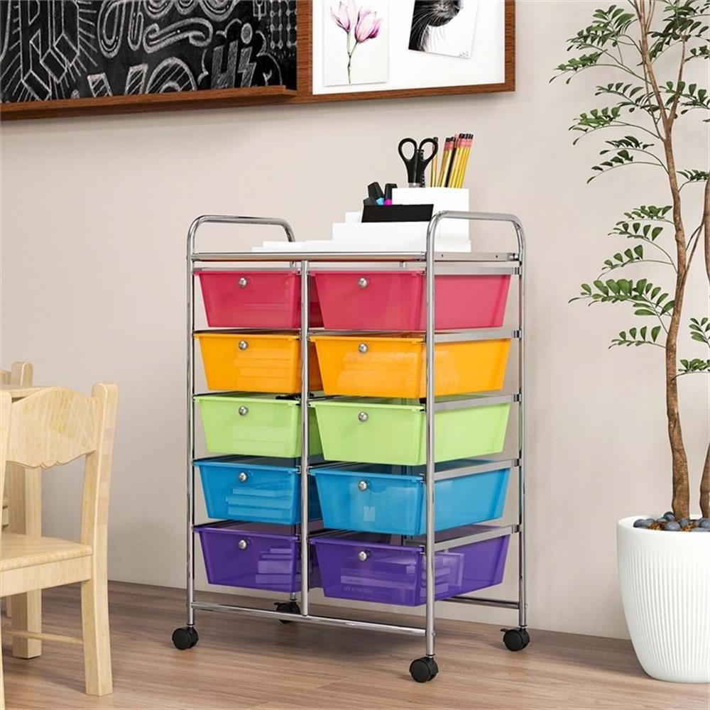 Pemberly Row 10-Drawer Plastic Storage Cart Utility Rolling Trolley in Rainbow