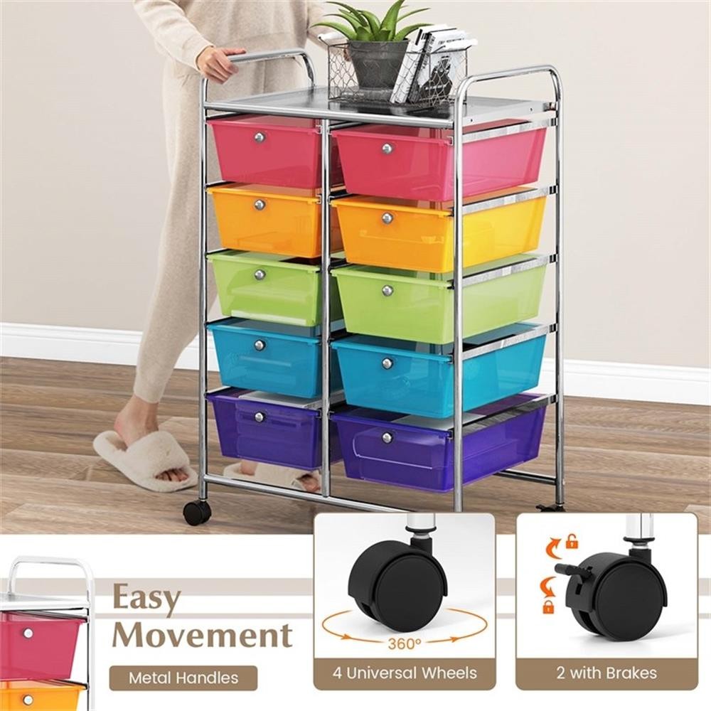 Pemberly Row 10-Drawer Plastic Storage Cart Utility Rolling Trolley in Rainbow