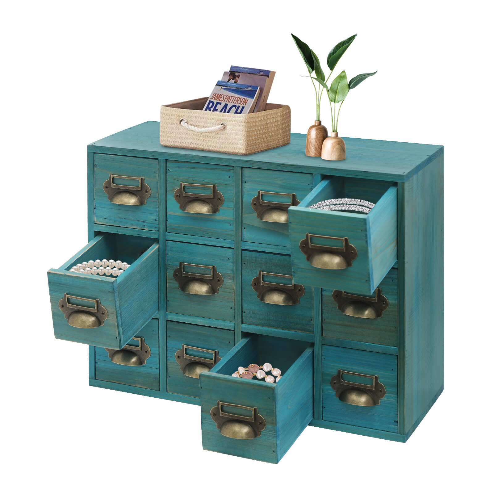 12 Drawers Wooden Blue Cabinet Desktop Storage Organizer of Cabinet Bedroom
